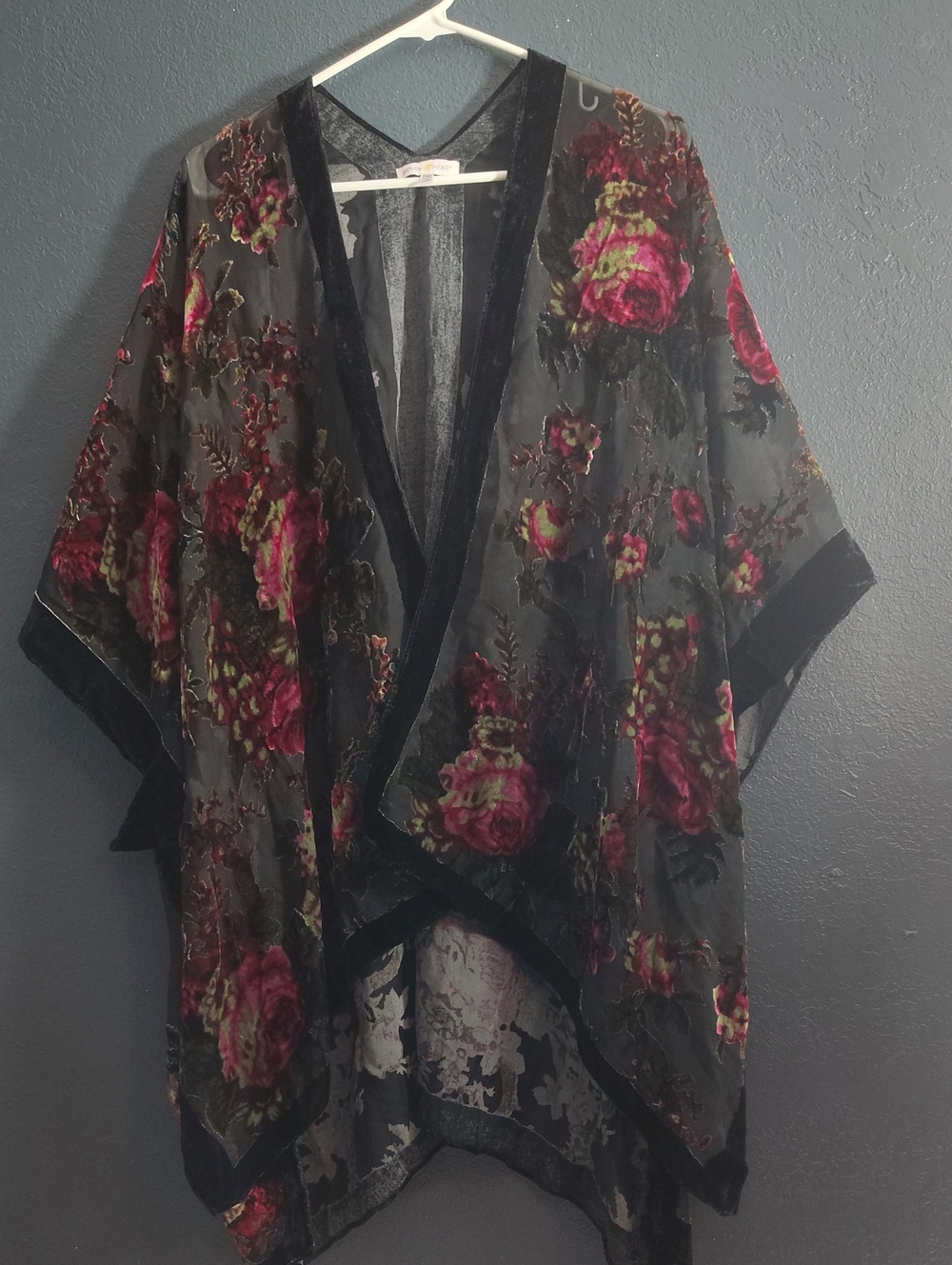 Woven Heart Whimsigoth Burnout Floral Velvet Kimono Cardigan Romantic OS